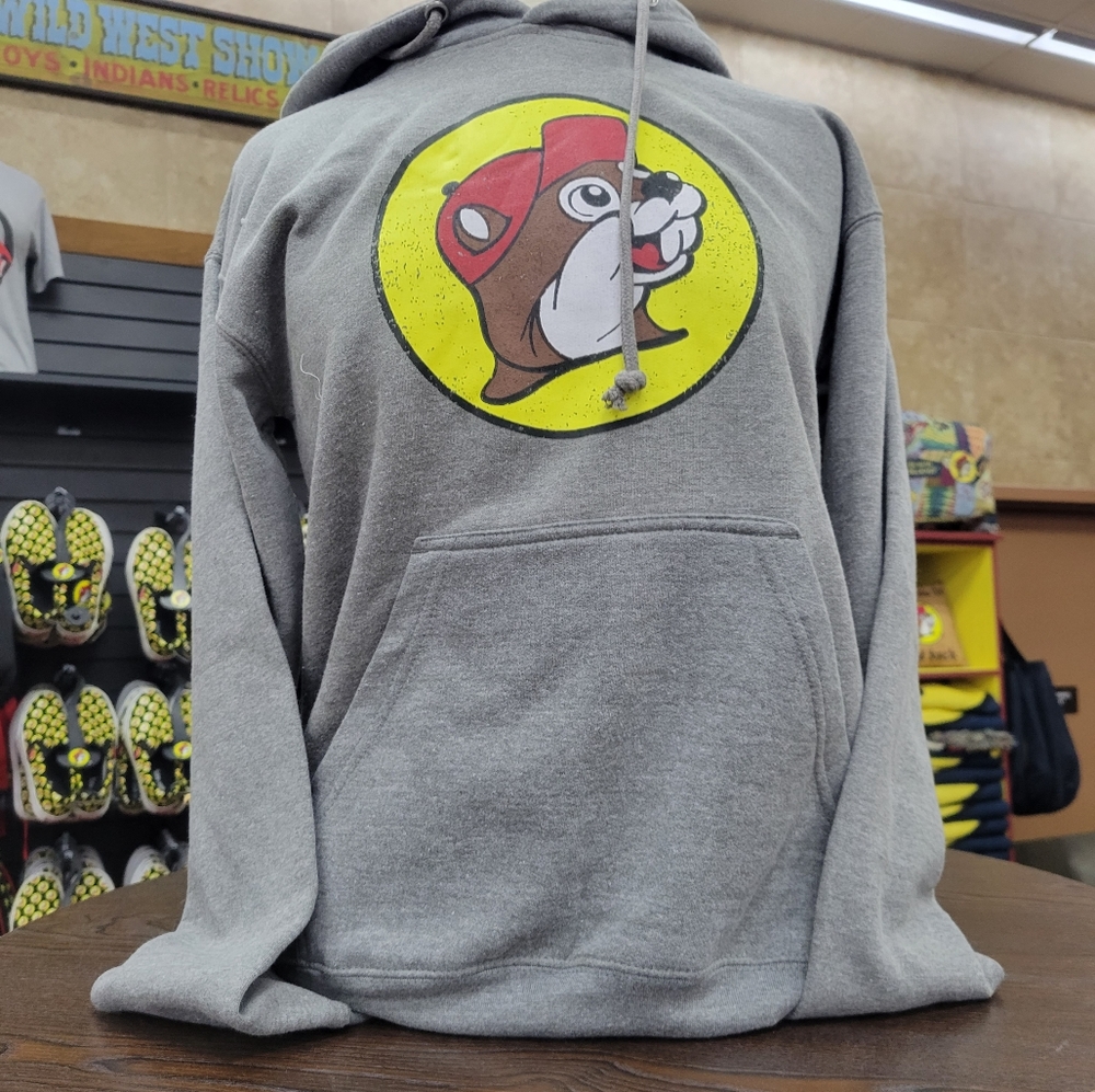 Buc-ees Grey Hoodie Yellow Red Logo Unisex.